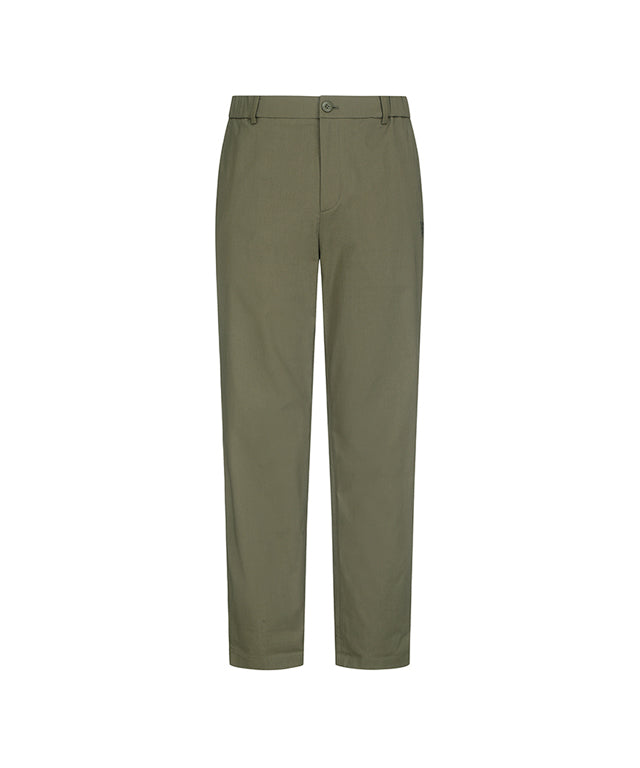 ANEW Golf Men Loose Fit Selvage Roll-Up Long Pants displayed on a hanger, showcasing the relaxed fit and stylish roll-up design.